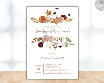 May include: A baby shower invitation with a floral design featuring burgundy, peach, and gold flowers. The text reads "Please join us for a Baby Shower honoring Laura Bennett" with the date, time, and location of the event.