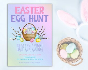 Plantilla de invitación editable para la búsqueda de huevos de Pascua, invitación para subirse a la búsqueda de huevos de Pascua, invitación de conejito, búsqueda de huevos en el vecindario, fiesta de Pascua