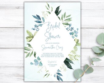 May include: A blue and green watercolor floral bridal shower invitation with a diamond-shaped frame. The invitation reads "Bridal Shower" and "Samantha Cruz". It includes the date, time, location, and RSVP information. The invitation also includes the text "Registered at Pottery Barn & Target".