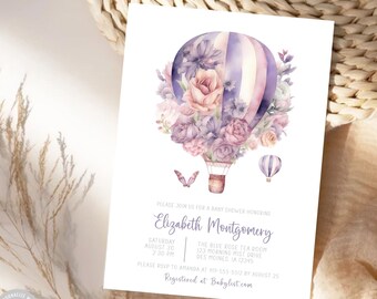 Może przedstawiać: Fioletowo-różowe zaproszenie na baby shower z balonem na gorące powietrze ozdobionym kwiatami, z tekstem "Proszę dołączyć do nas na baby shower z okazji Elizabeth Montgomery" i szczegółami wydarzenia.