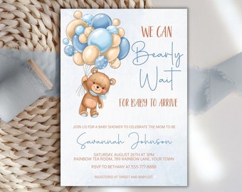 Blue We Can Bearly Wait Baby Shower Invitation, Shower Invite Printable, Customizable Invitation Template, Editable,  Bear & balloons