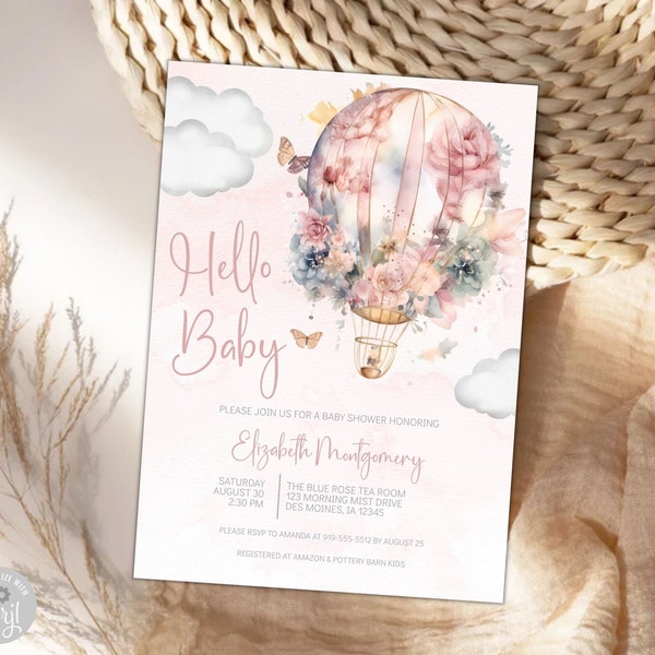 Pink Floral Hot Air Balloon Baby Shower Invitation, Butterfly & Balloon Baby Shower Invite, Balloon Shower Invite,  Invitation Template