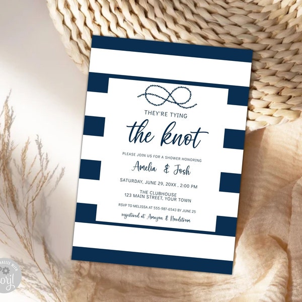 Nautical Bridal Shower Invitation, Tying the Knot, Navy Stripe Invite, Couples Shower- Customizable Wedding Shower Invitation Template