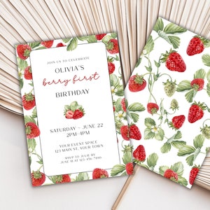 Berry First Birthday Party Invitation, Strawberry First Birthday Invite, Strawberry Invite Printable,  Customizable Invitation Template