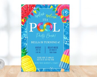 Invitación a la fiesta en la piscina, invitación a la fiesta de verano, plantilla digital de invitación a la fiesta de cumpleaños, fiesta de cumpleaños en la piscina, descarga instantánea de la fiesta de natación