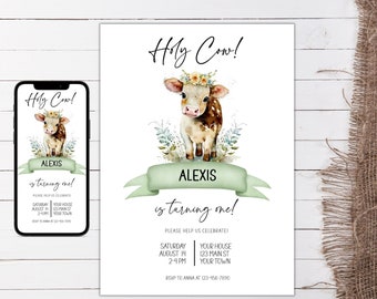 Invitación de cumpleaños de la vaca santa, plantilla editable de invitación a la fiesta de cumpleaños de la vaca santa, invitación de la vaca, invitación de cumpleaños de la vaca, fiesta de la vaca, fiesta de la granja