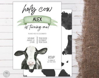 Invitación de cumpleaños de la vaca santa, plantilla editable de invitación a la fiesta de cumpleaños de la vaca santa, invitación de la vaca, invitación de cumpleaños de la vaca, fiesta de la vaca, fiesta de la granja