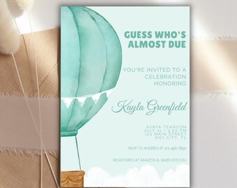 EDITABLE Green Hot Air Balloon clouds Baby Shower Invitation, Gender Neutral Baby Shower, Customizable Invitation Template, Digital Download