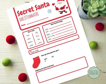 May include: A white Secret Santa questionnaire with red accents and a Santa Claus illustration. The form includes sections for name, preferences, and things to avoid, with the text "DIGITAL DOWNLOAD" in the corner.