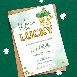 Editable St Patrick&#39;s Day Baby Shower Invitation, We&#39;re So Lucky Shamrock  Horseshoe Invitation, St Patrick&#39;s Download, Invitation Template