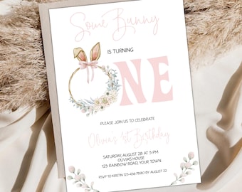 Editable Bunny 1st Birthday Invitation, Bunny Birthday Invite, Some Bunny Birthday Invite, Floral Bunny Invitation Template, Instantdownload
