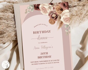 May include: A blush pink birthday dinner invitation with floral accents. The invitation includes the text "Please join us for a BIRTHDAY dinner to celebrate Anna Pellegrini's 30TH BIRTHDAY" and event details.