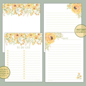 Lista de tarefas para impressão, encarte de planejador floral em aquarela, lista mestre floral de botão de ouro amarelo com linhas largas, tamanho carta PDF DOWNLOAD DIGITAL