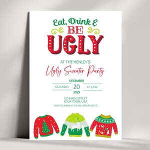 Invitación editable a la fiesta de Navidad del suéter feo, invitación a la fiesta de Navidad, invitación a la fiesta de comer bebida y ser suéter feo, invitación a la fiesta navideña
