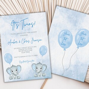 EDITABLE Twins Blue Elephant Balloon Baby Shower Invitation, Blue Invitation Printable, Customizable Invitation Template