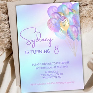 Balloons Birthday Party Invitation, Editable Girls Birthday Party Invitation Template Printable Iridescent Birthday Instant Download