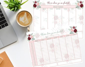Puede incluir: Dos páginas de planificador semanal floral imprimibles con el texto "Bloom where you are planted!" en la parte superior. La primera página tiene una cuadrícula en blanco para cada día de la semana. La segunda página tiene una cuadrícula con horarios de 7:00 AM a 9:00 PM.