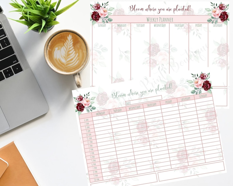 Horizontal Floral Weekly Schedule Daily Schedule Hourly Time Etsy