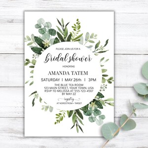 Plantilla de invitación de despedida de soltera editable, tarjeta de invitación de despedida de soltera o baby shower imprimible, vegetación de eucalipto, invitación personalizable