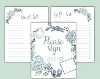 Lista de invitados florales azules y lista de regalos imprimibles para baby shower, letrero de mesa para firmar aquí, lista de regalos para baby shower, rastreador de regalos, baby shower para niños