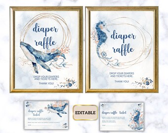 Editable Ocean Baby Shower Diaper Raffle Sign and Tickets, Diaper Raffle Card, Gender Neutral Baby Shower Diaper Raffle Sign & Insert