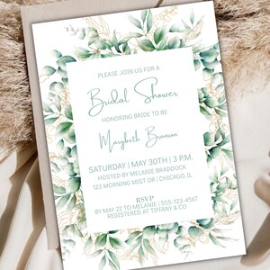 Plantilla de invitación de despedida de soltera editable, tarjeta de invitación de despedida de soltera o baby shower imprimible, vegetación de eucalipto, invitación personalizable