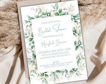 Editable Bridal Shower Invitation Template, Printable Bridal or Baby Shower Invitation Card, Eucalyptus Greenery, Customizable Invitation