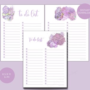 Lista de tarefas para impressão, inserção de planejador floral roxo aquarela, lista mestre de flores de lavanda, diário, negócios, casa, tamanho carta e PDF A4