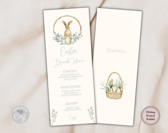 Modello modificabile del menu del brunch pasquale, menu di Pasqua stampabile, carta del menu del coniglietto pasquale, menu del brunch della caccia alle uova di quartiere, menu di Pasqua della chiesa