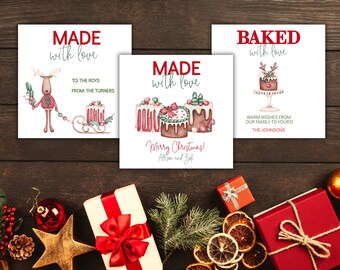 May include: Three Christmas-themed cards with watercolor illustrations and text. The cards say "Made with love" and "Baked with love". One card features a reindeer with a sleigh, another has cakes, and the last one has a cake on a stand.