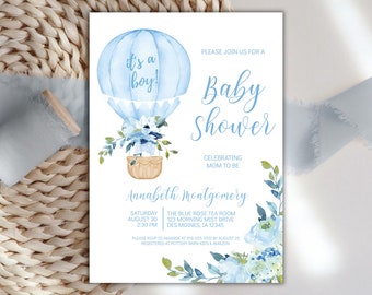 Convite para chá de bebê com balão de ar quente floral azul EDITÁVEL, convite azul para impressão, DOWNLOAD INSTANTÂNEO - Modelo de convite personalizável
