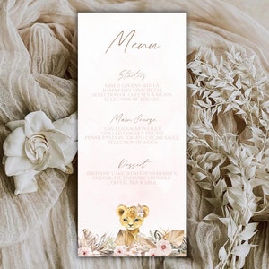 Bewerkbare Boho Ze is een Wild One Menusjabloon, Jungle Animal Menukaart, Safari Animals Girl Verjaardagsmenu, Lion Baby Shower Menu, SBP-01
