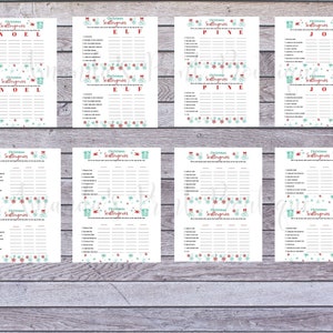 May include: Eight printable Christmas-themed game cards with the words "Christmas Scattergories" and the words "NOEL", "ELF", "PINE", and "JOY" printed in red at the top of each card. The cards are decorated with red and blue snowflakes and gift boxes.