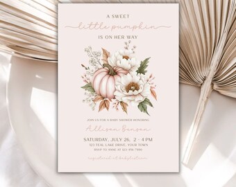 May include: A baby shower invitation with a pink and white pumpkin and floral design. The text reads "A sweet little pumpkin is on her way." The invitation includes the name "Allison Benson", the date "Saturday, July 26, 2-4 PM", the address "123 Teal Lake Drive, Your Town", and the RSVP information "RSVP to Anne at 123-456-7890".