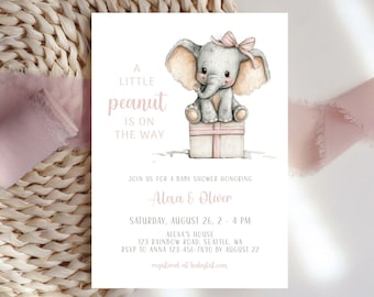 Mall för inbjudan till babyshower med elefantmotiv, inbjudan till babyshower för flicka, rosa elefantunge