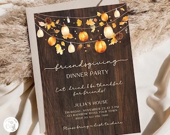 May include: A Friendsgiving dinner party invitation with a rustic wooden background. The invitation features watercolor pumpkins, leaves, and string lights. The text reads "friendsgiving DINNER PARTY" and includes event details.