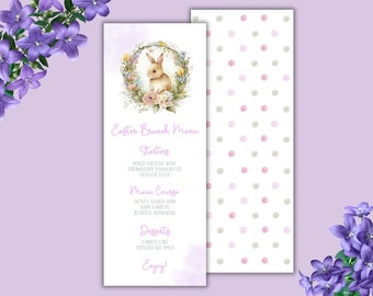 Modello modificabile del menu del brunch del coniglietto pasquale, menu di Pasqua stampabile, carta del menu di Pasqua, menu di caccia alle uova del quartiere, menu di Pasqua della chiesa