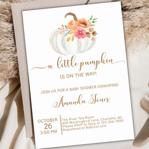 Little Pumpkin Baby Shower Invitation, Invitation Printable, Customizable Invitation Template, Fall Floral Baby Shower, Girl Baby shower