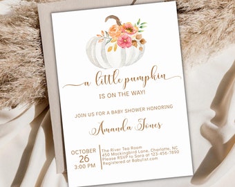 Little Pumpkin Baby Shower Invitation, Fall Floral (Printable)