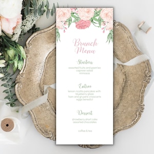 Bearbeitbare rosa Blumen-Menüvorlage zum Ausdrucken, Teeparty-Menü, Dusche-Menüvorlage, Hochzeit-Menüvorlage, Muttertag-Menüvorlage