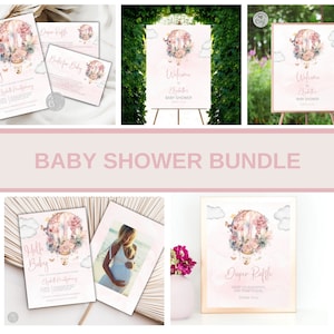 Floral Hot Air Balloon Baby Shower Invitation Bundle, Pink Shower Invite Printable- Customizable Shower Templates- Editable Girl Baby Shower