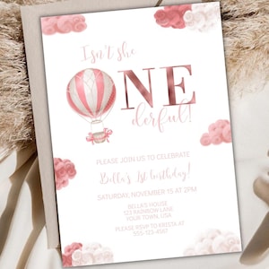 Isn't She Onederful Birthday Party Invitation, Onederful 1st Birthday Invitation Printable, Hot Air Balloon Invitation Template, Editable