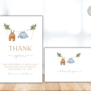 Cartes de remerciement modifiables pour la baby shower, vêtements pour bébé Boho avec cartes de remerciement en pin, remerciement pour la baby shower pour garçon, modèle de téléchargement modifiable