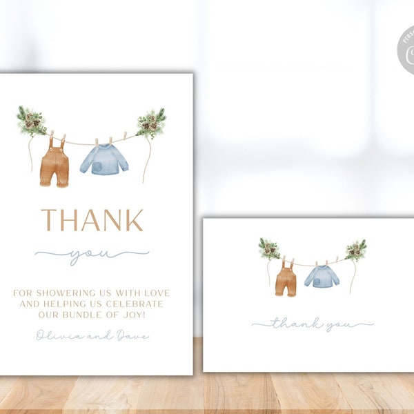 Editable Baby Shower Thank You Cards, Boho Baby Clothes with Pine Thank You Cards, Boy Baby Shower Thank you, Editable Download Template