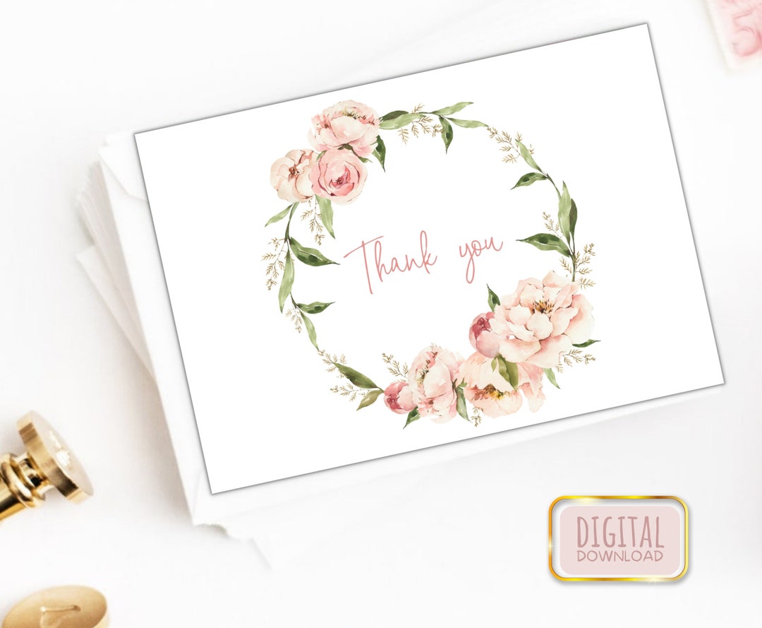 Blush Pink Floral Wreath Thank You Card, Baby Shower Thank You, Bridal ...