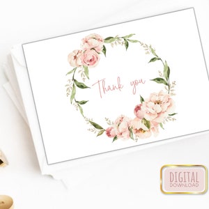 Couronne de fleurs rose blush Carte de remerciement, Baby Shower Merci, Douche nuptiale Merci, Carte de remerciement féminine, Téléchargement instantané, BLBS-01