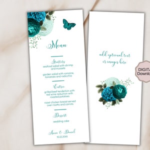 Plantilla de tarjeta de menú floral turquesa Menú de almuerzo/cena/brunch imprimible, plantilla de menú personalizable para ducha, boda u otro evento