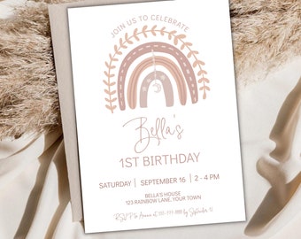 Boho Rainbow Birthday Party Invitation, Editable Girls Birthday Party Invitation Template Printable Rainbow Birthday Instant Download
