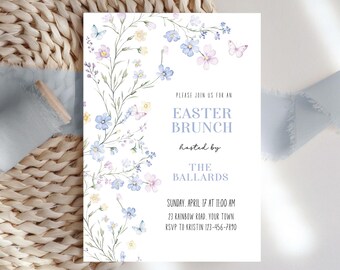 Invitación editable para brunch de Pascua, invitación para baby shower de primavera, invitación con flores silvestres de primavera, plantilla de invitación personalizable con flores.