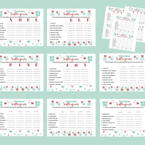 May include: A printable Christmas Scattergories game with six different cards. Each card has a different letter at the top and a list of 10 categories to fill in with words that start with that letter. The cards are decorated with snowflakes and red and green gift boxes.